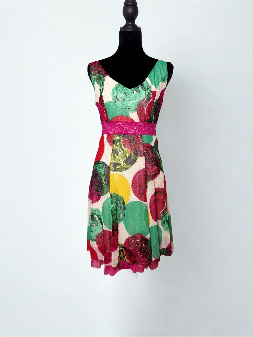 Lulu H Paris Cream Sleeveless V Neck Paint Multicolor Print Babydoll Dress